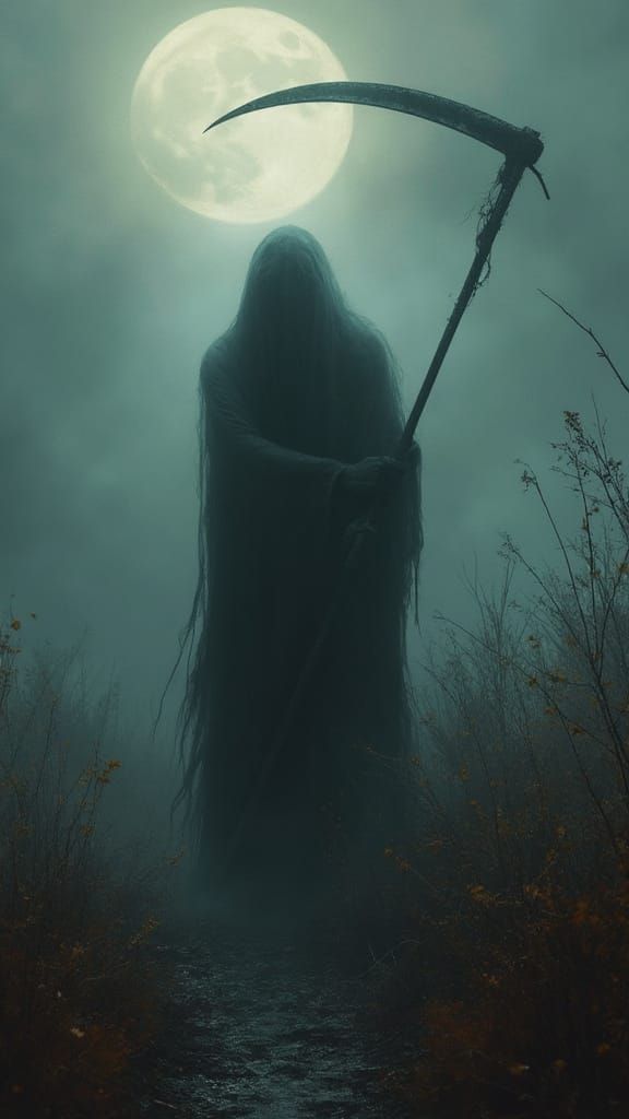 Introspective Scythe Wielder in Moonlit Landscape