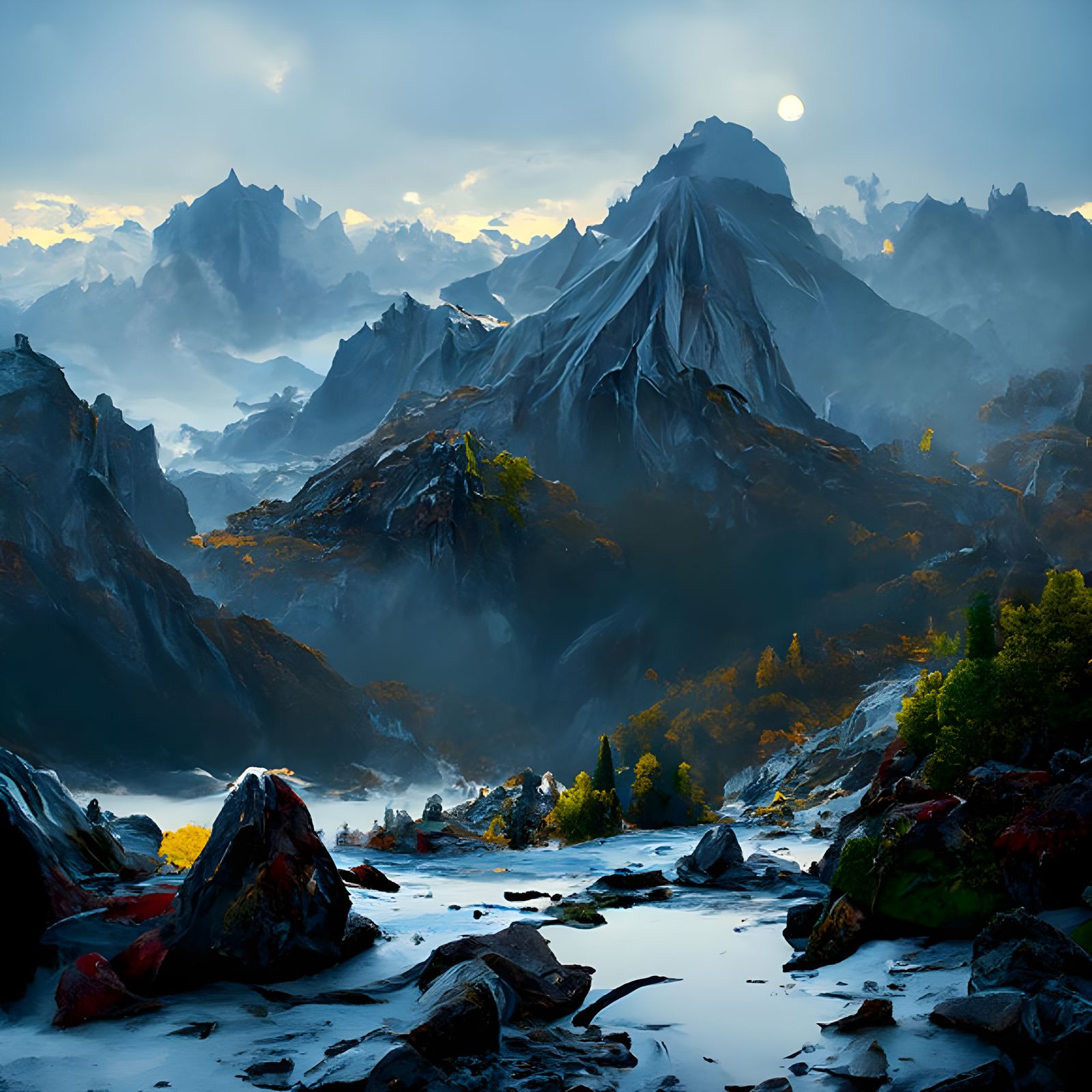 Mountain Range Above Calm Sea: Hyperrealistic Digital Art