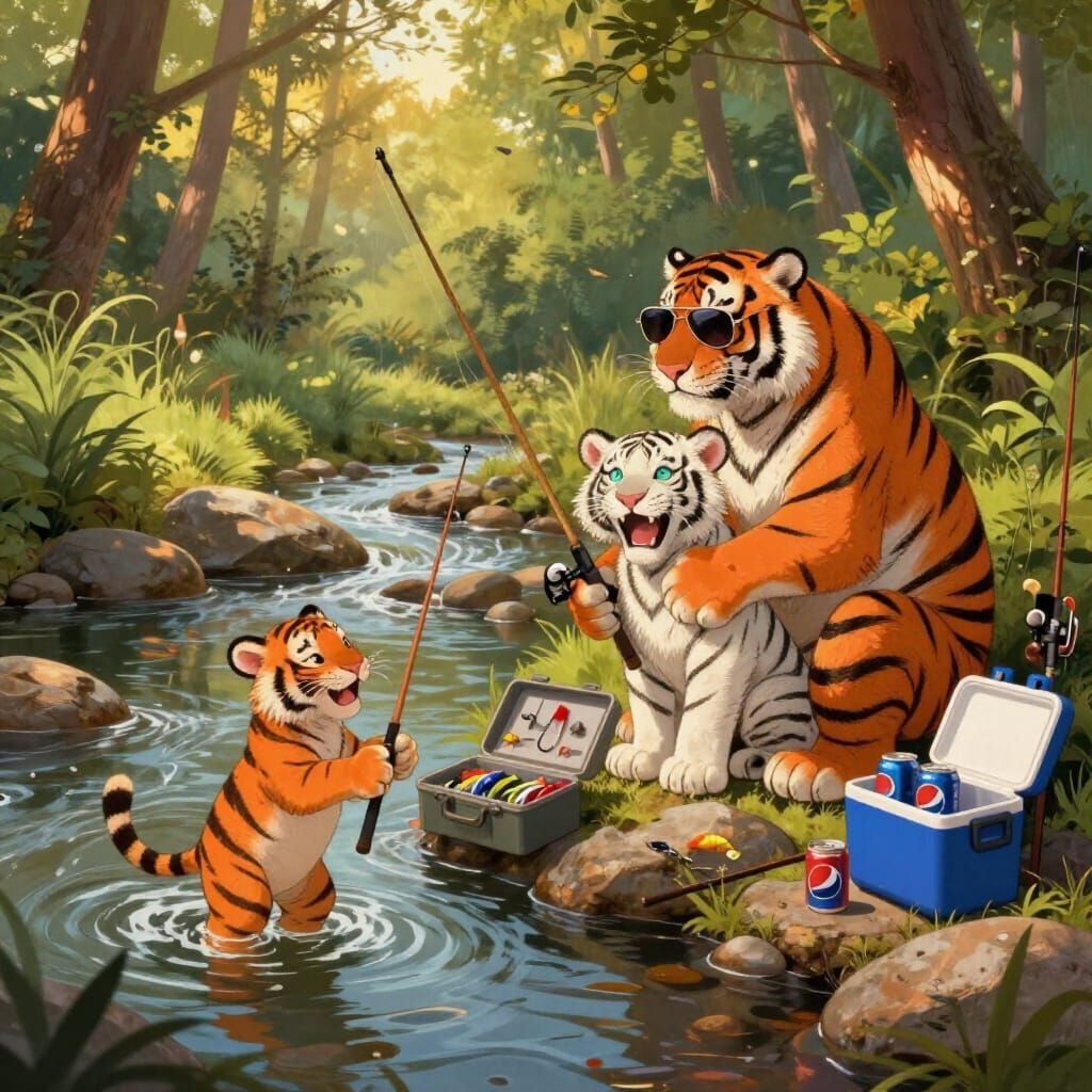 Tigers Learn to Fish in a Forest Clearing