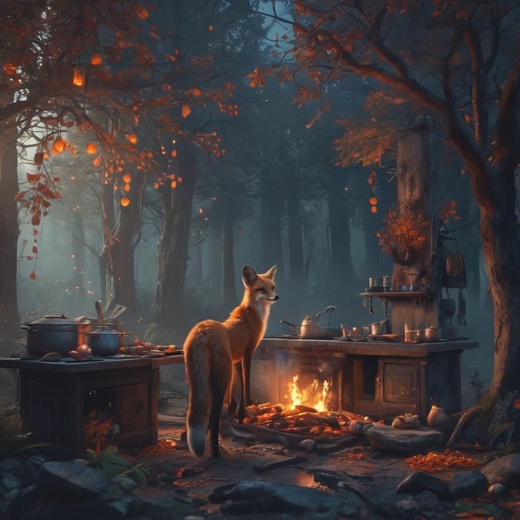 Mystical Fox Deity Cooking in Forest Kitchen