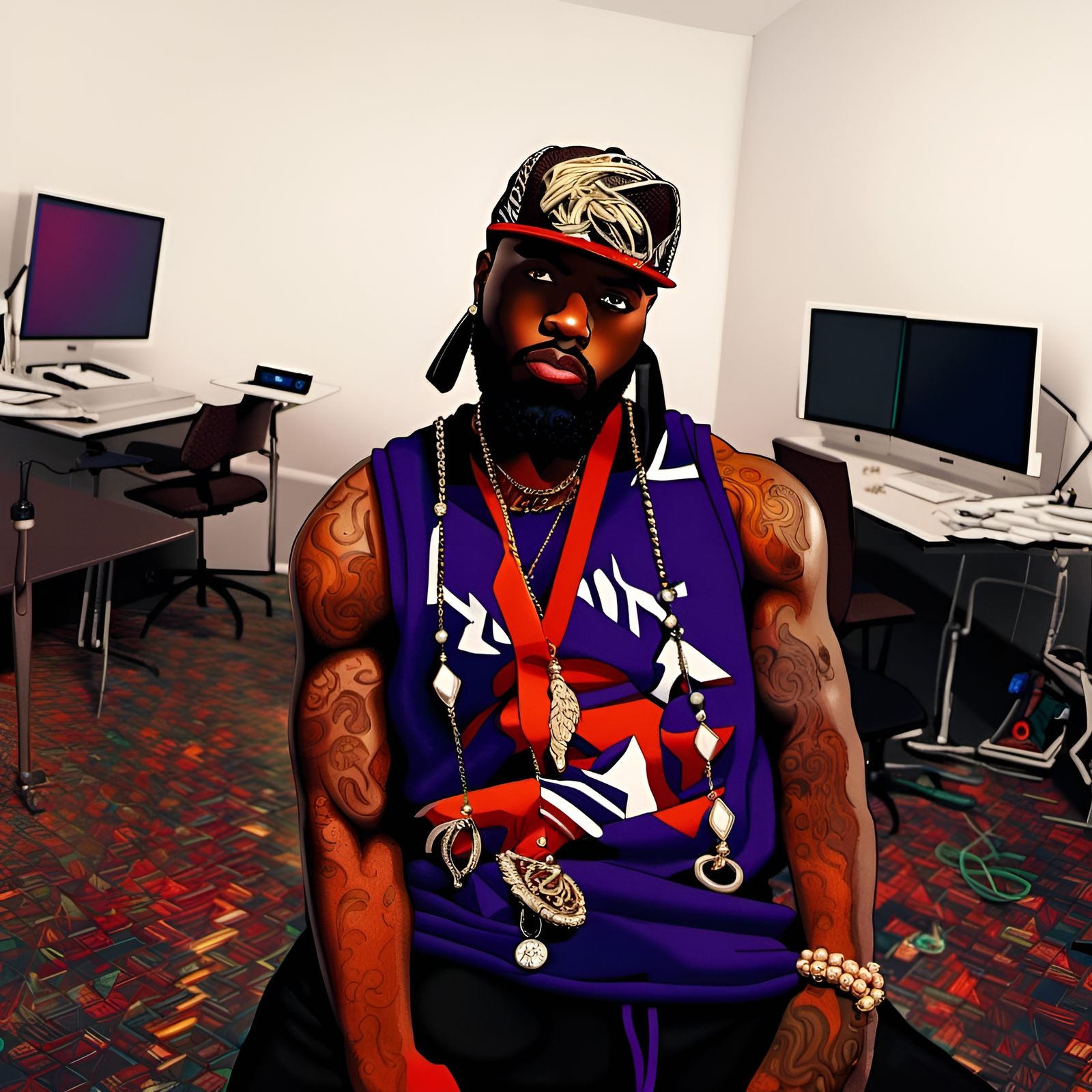 Rapper Portrait with Beard and Jewelry in Digital Art