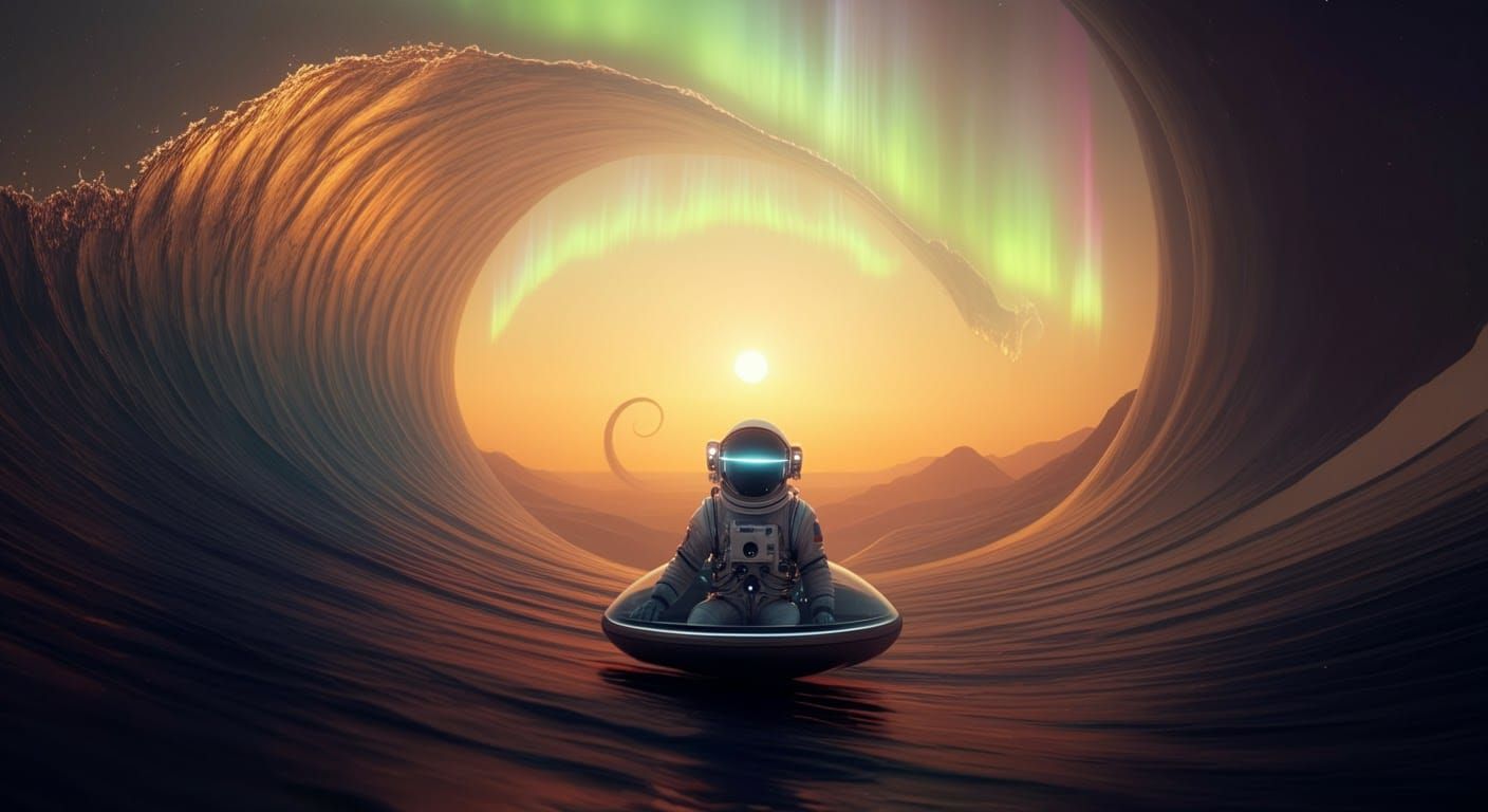 Astronaut in Retro-Futuristic Spacecraft with Aurora Energy
