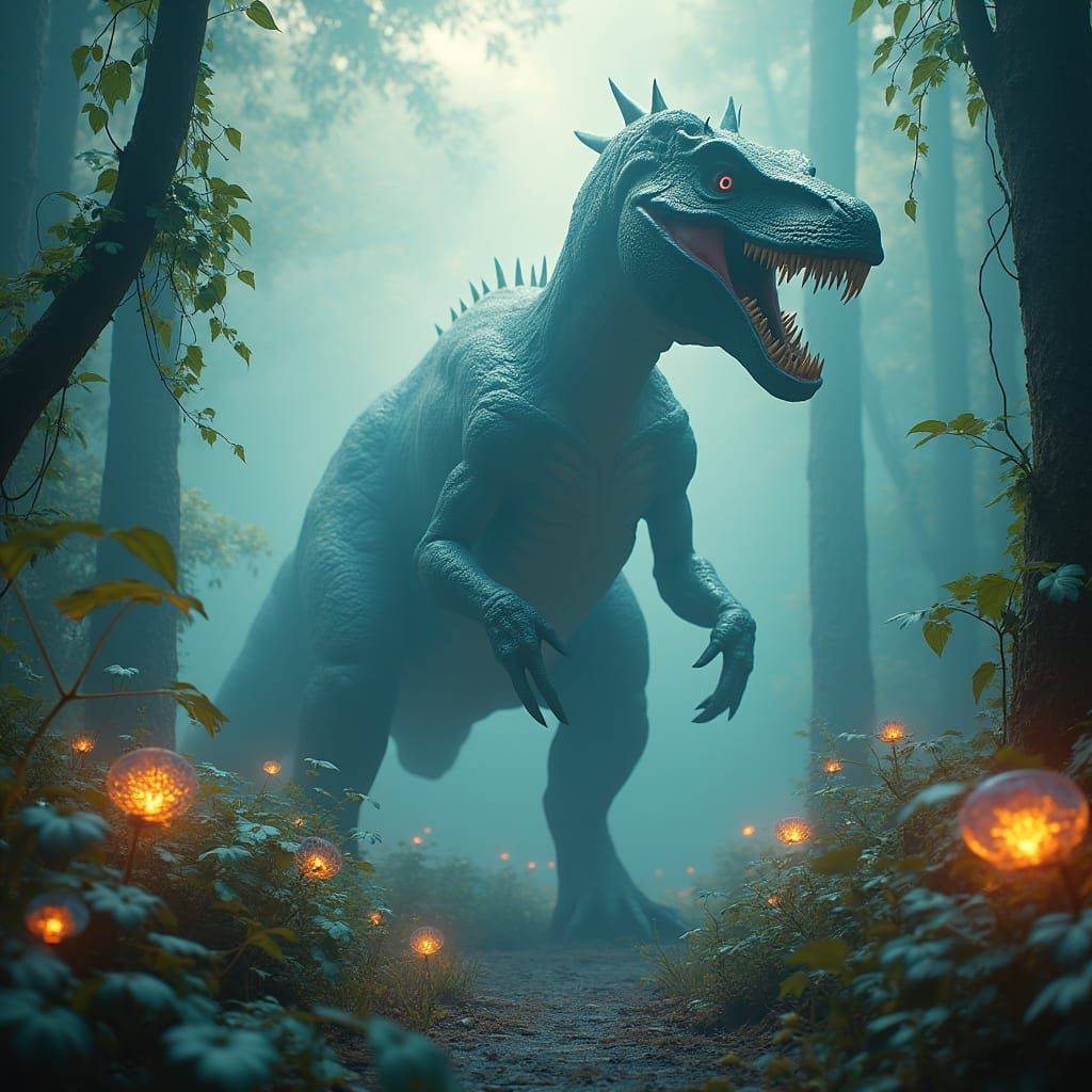 Mythical Dinosaur Emerges from Psychedelic Forest