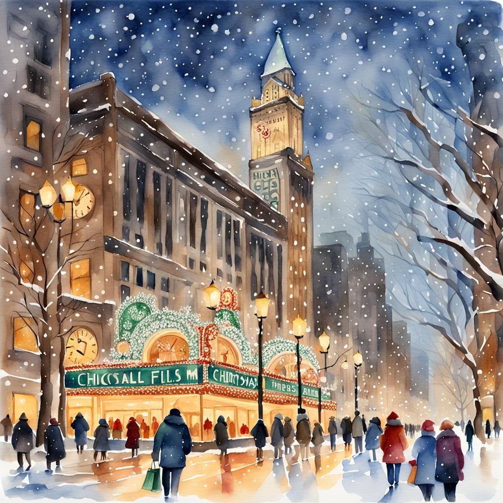 Christmas Shopping at Chicago Theater: Watercolor