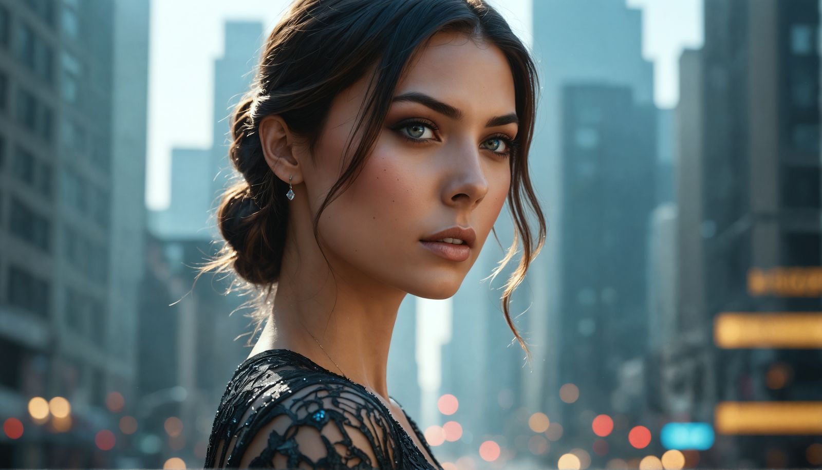 Double Exposure Portrait: Woman and Chicago Cityscape