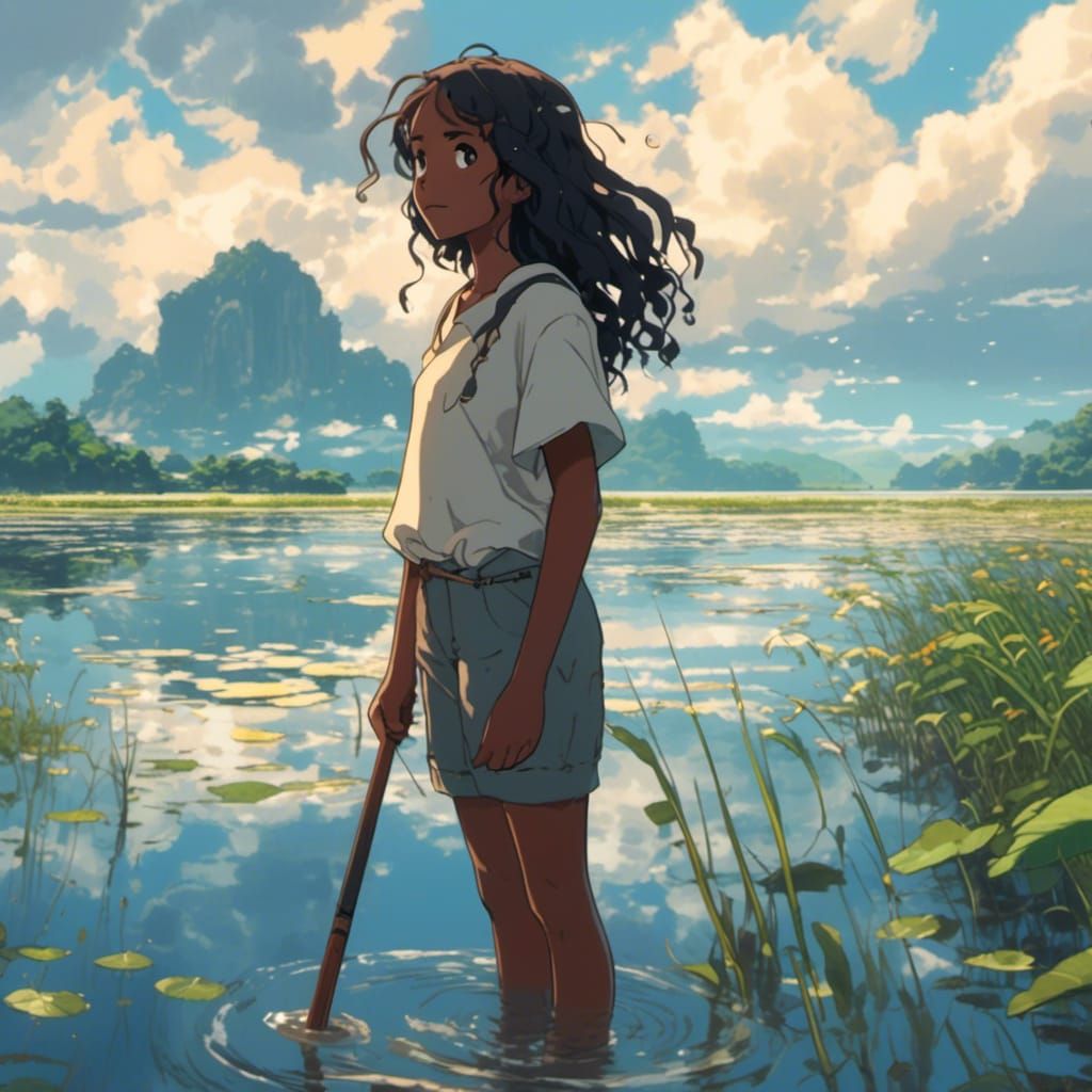 Anime Girl Fishing with Spear in Shallow Water