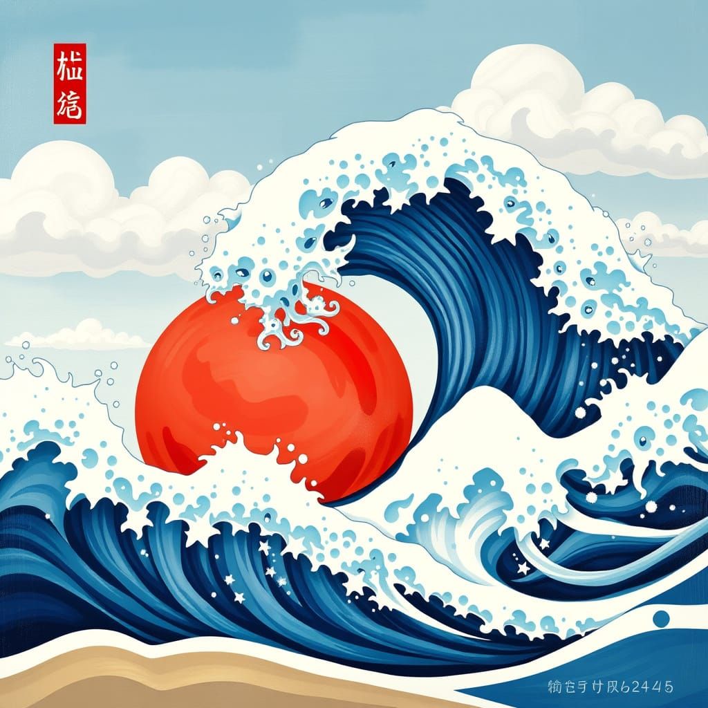 Kawaii Japanese Wave Painting in Cartoon Style