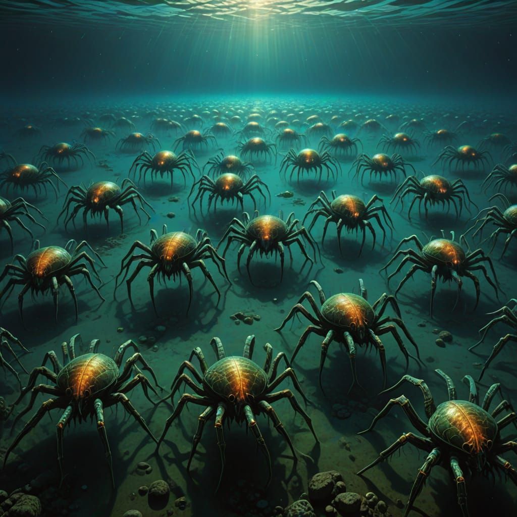 Underwater World of Glowing Spider-Centipede Hybrids