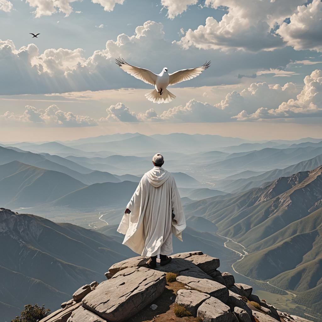 Dove and White Robe on Mountain Top