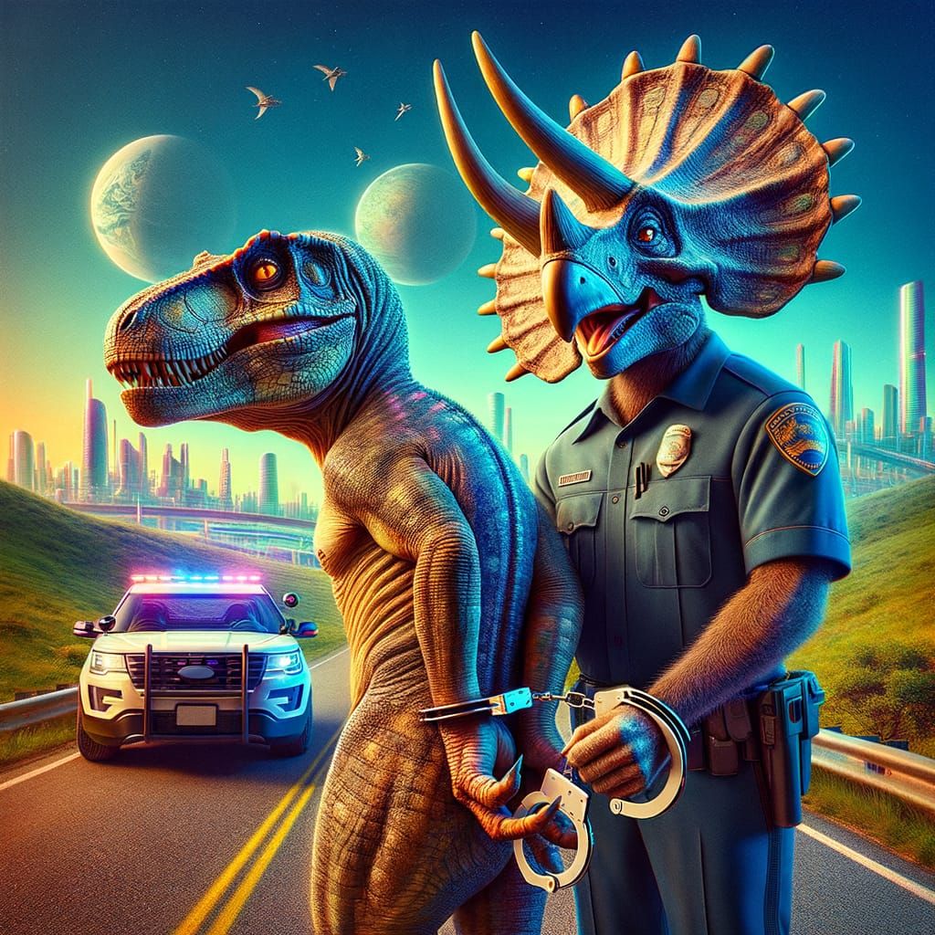 Surreal Law Enforcement Scene in a Futuristic Metropolis
