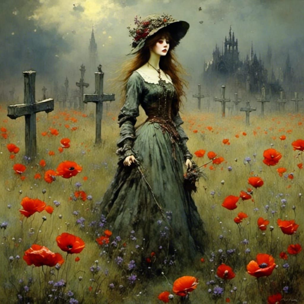 Poppies Bloom in Flanders Fields: Antique Watercolor