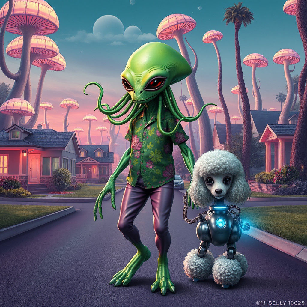 Alien Walks Robot Dog: Futuristic Digital Art