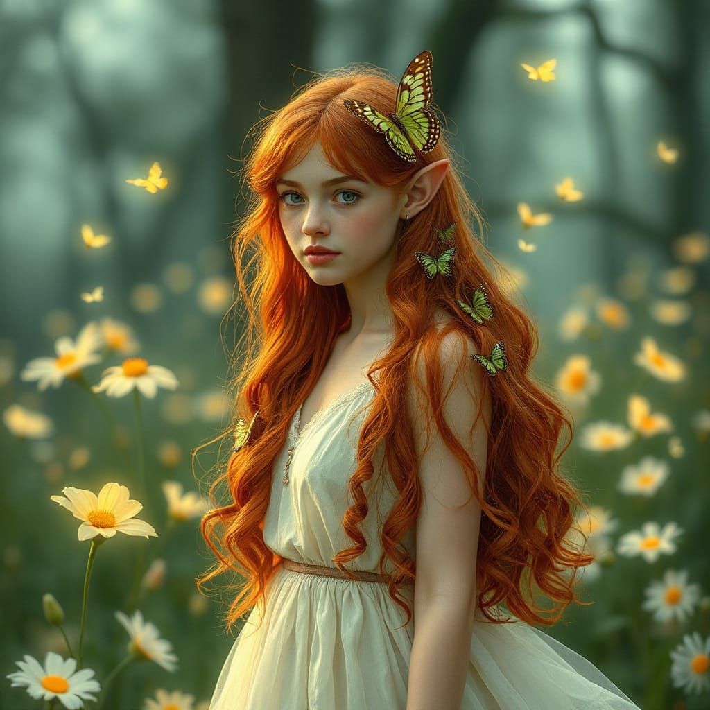 Ethereal Elf Maiden Amongst Bioluminescent Blooms in Art Nou...