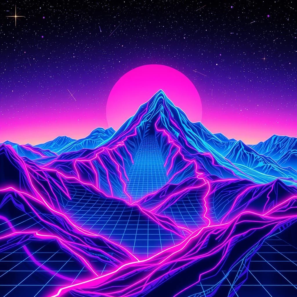 Cyberpunk Mountain Landscape in Neon Hues