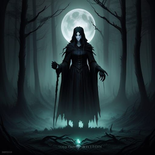 Witch in Eerie Dystopian Forest Clearing