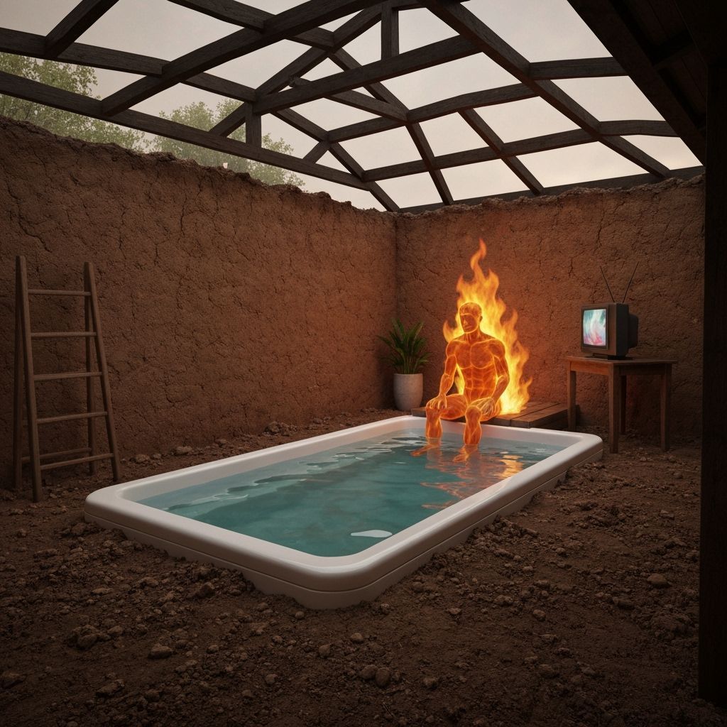 Man of Fire Watches Air TV in Earth House by Water Spa