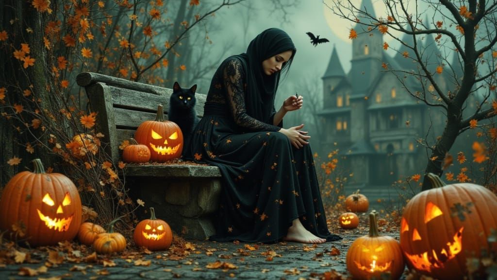 Gothic Autumn Scene with Haunted Mansion