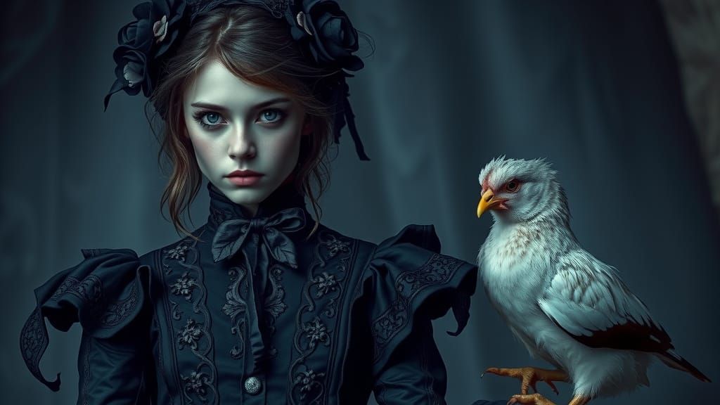 Victorian Gothic Woman with Chick in Mystical Setting