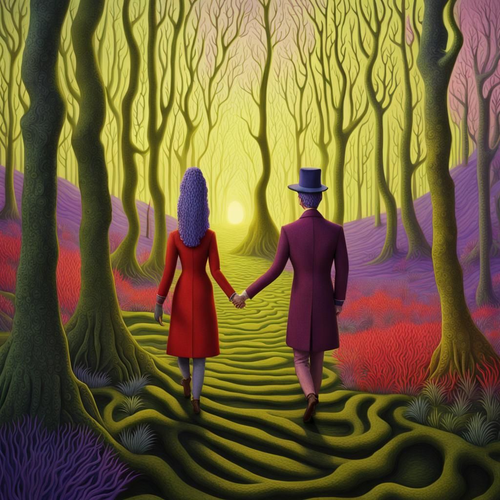 Psychedelic Forest Glade Diorama with Holding Hands Couple