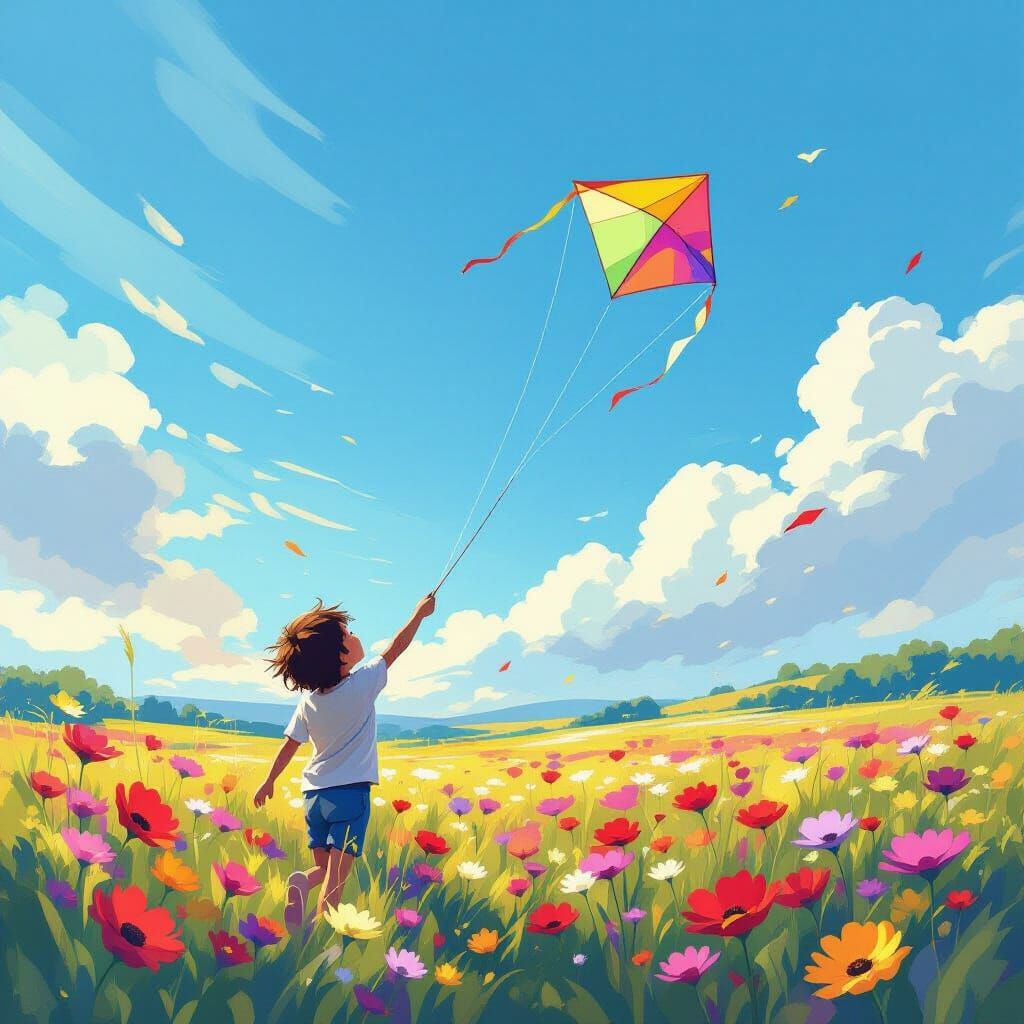 Child Flying Kite in Flower Field, Concept Art Style