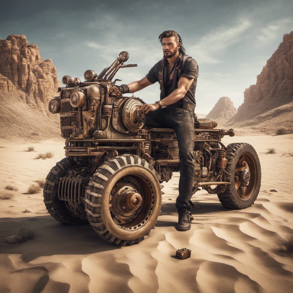 Dieselpunk Vehicle with Man in Desert: Cinematic HDR