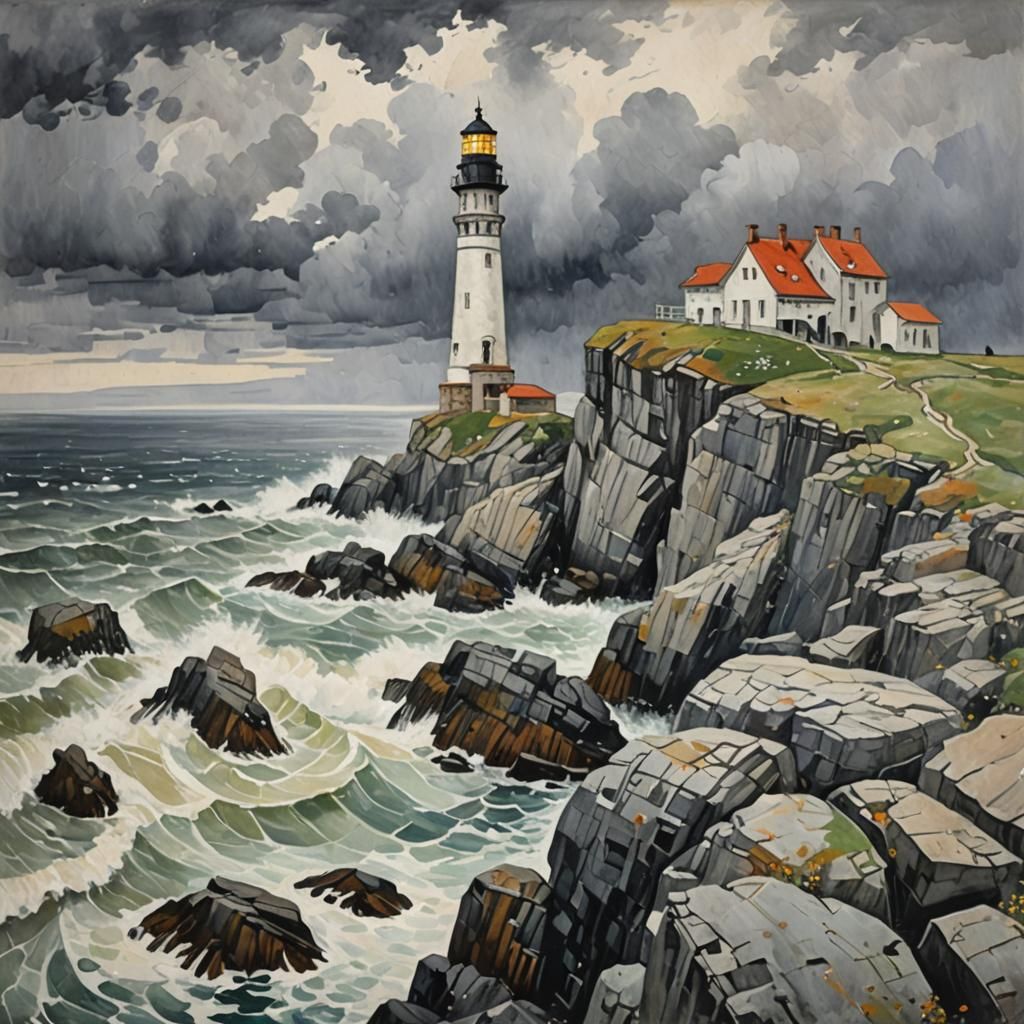 Grey Lighthouse in Klimt-inspired Gouache Style