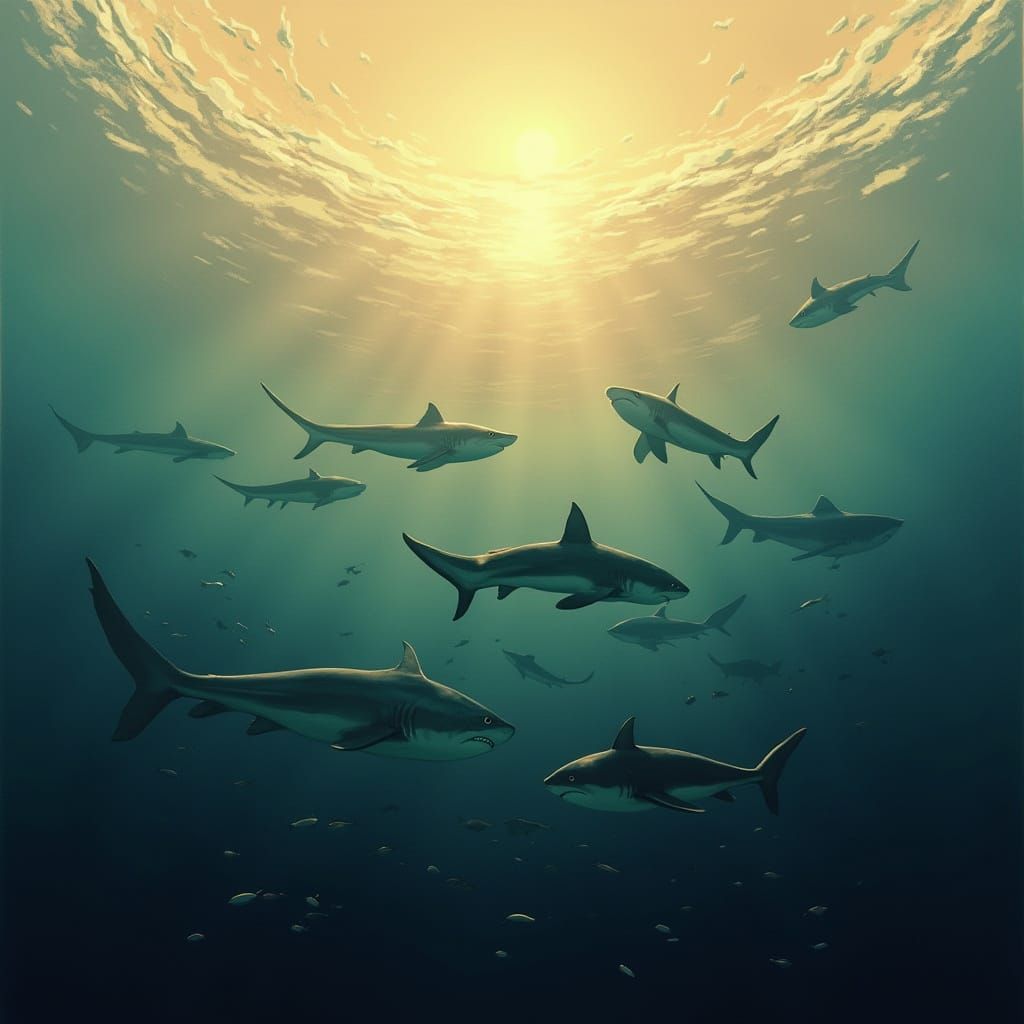 Golden Hour Ocean Scene with Sharks and Fish in a Moody, Dre...