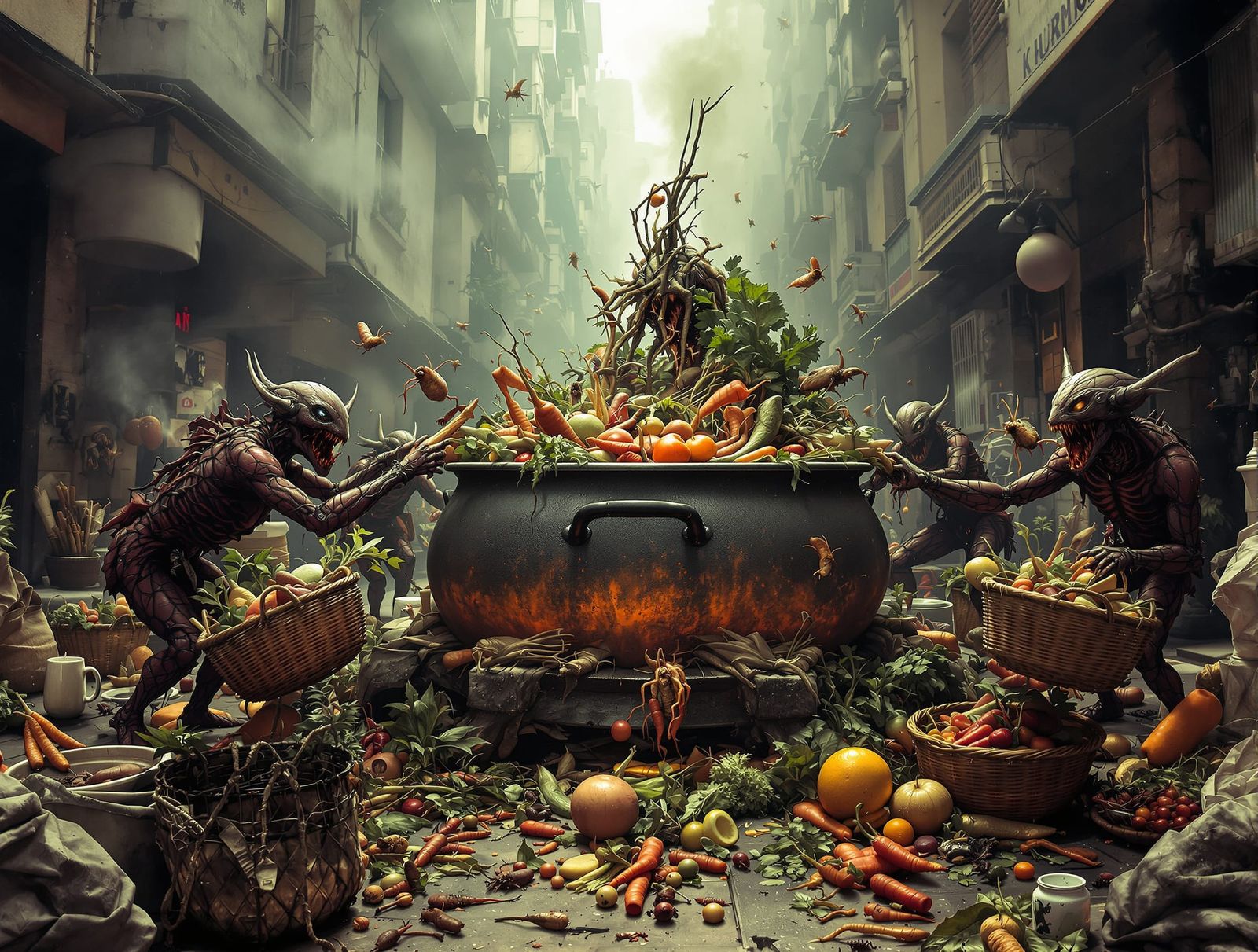 Surreal Cauldron Scene: Degenerate Humanoids Prepare Strange...