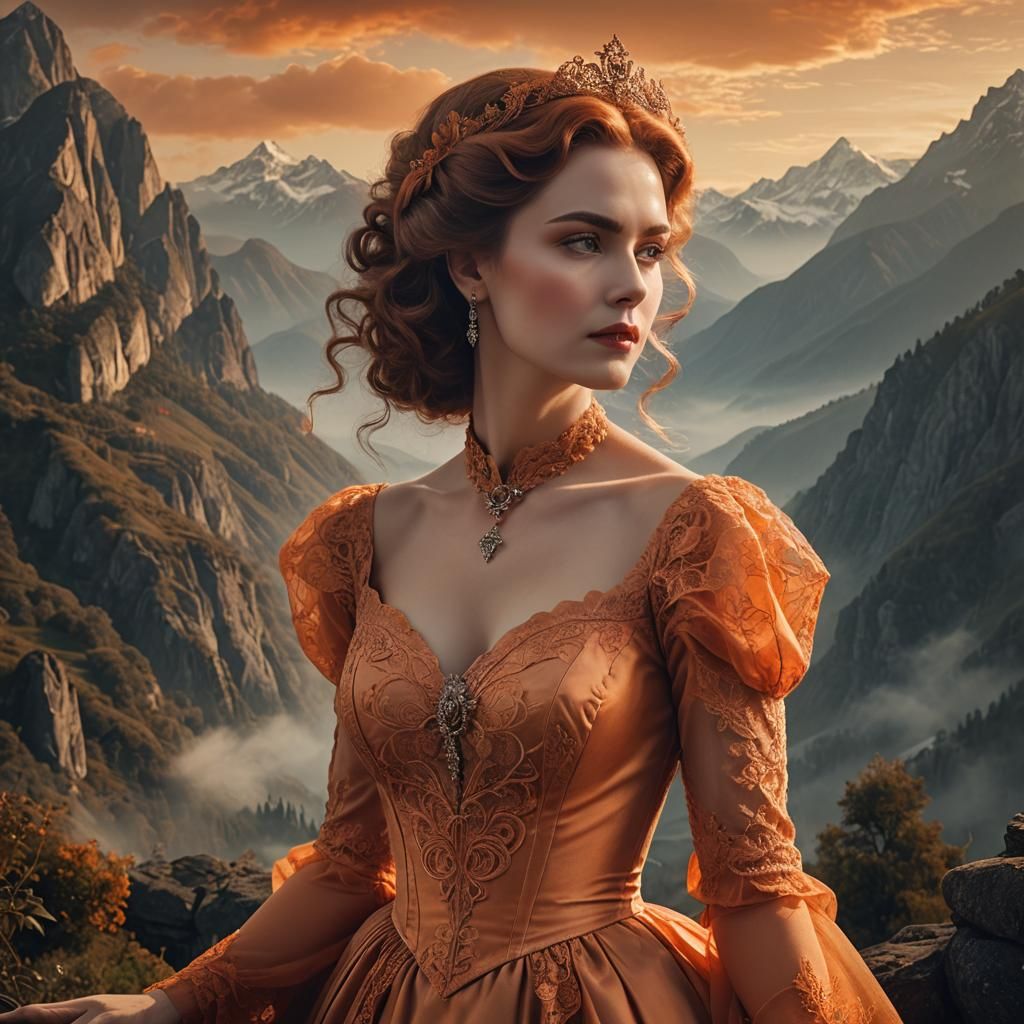 Vintage Woman in Orange Dress, Detailed 3D Portrait