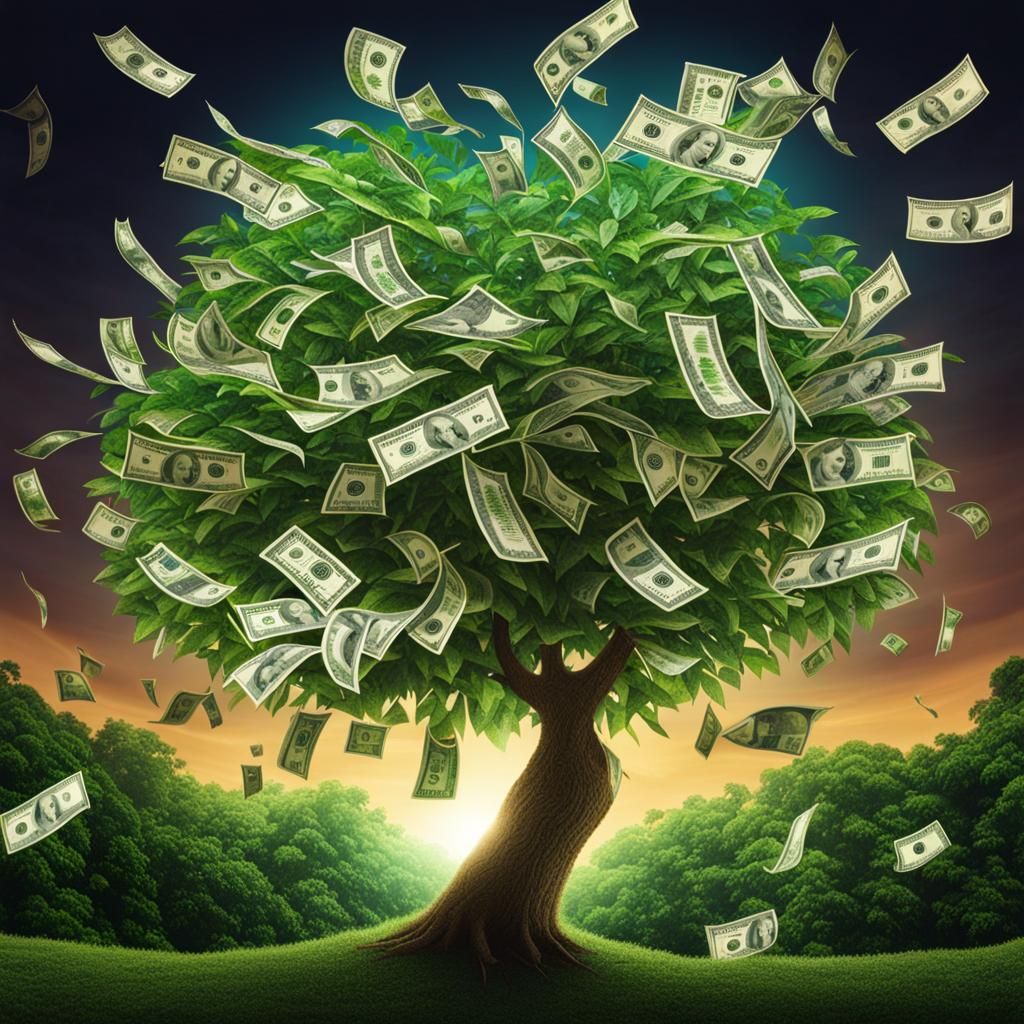 Money Tree Bathed in Dollar Bills