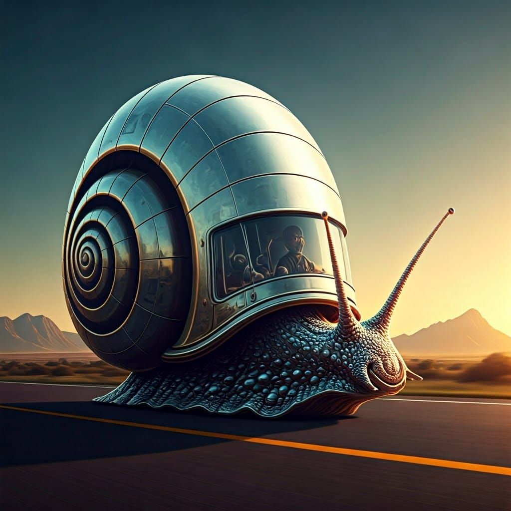 A Snail in a Futuristic Motorhome Cruises Down a Sunny Highw...