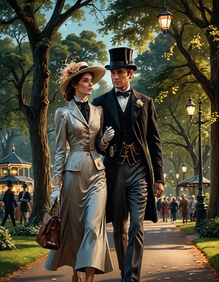 Victorian couple walking in park
