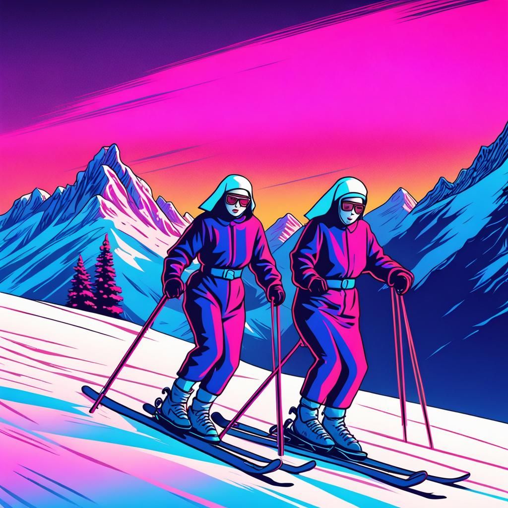 Nuns Skiing: Synthwave Neon Retro Mountain
