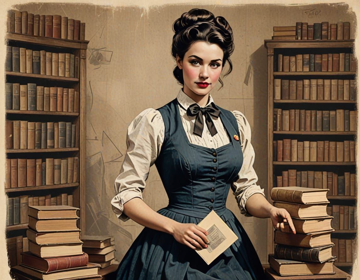 Vintage Pin-Up Bookseller in Grunge Style