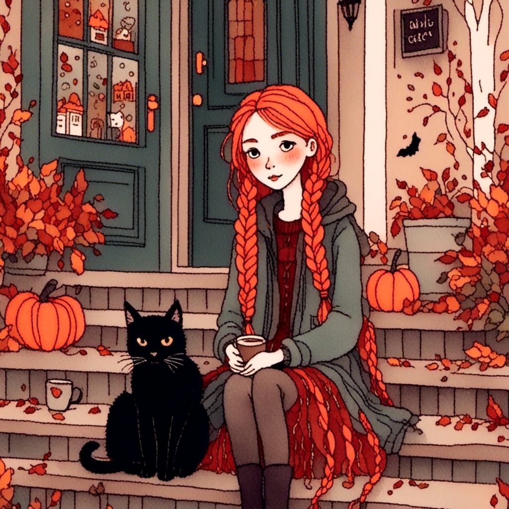 Red-Haired Girl with Cat in Autumn Art Brut Style