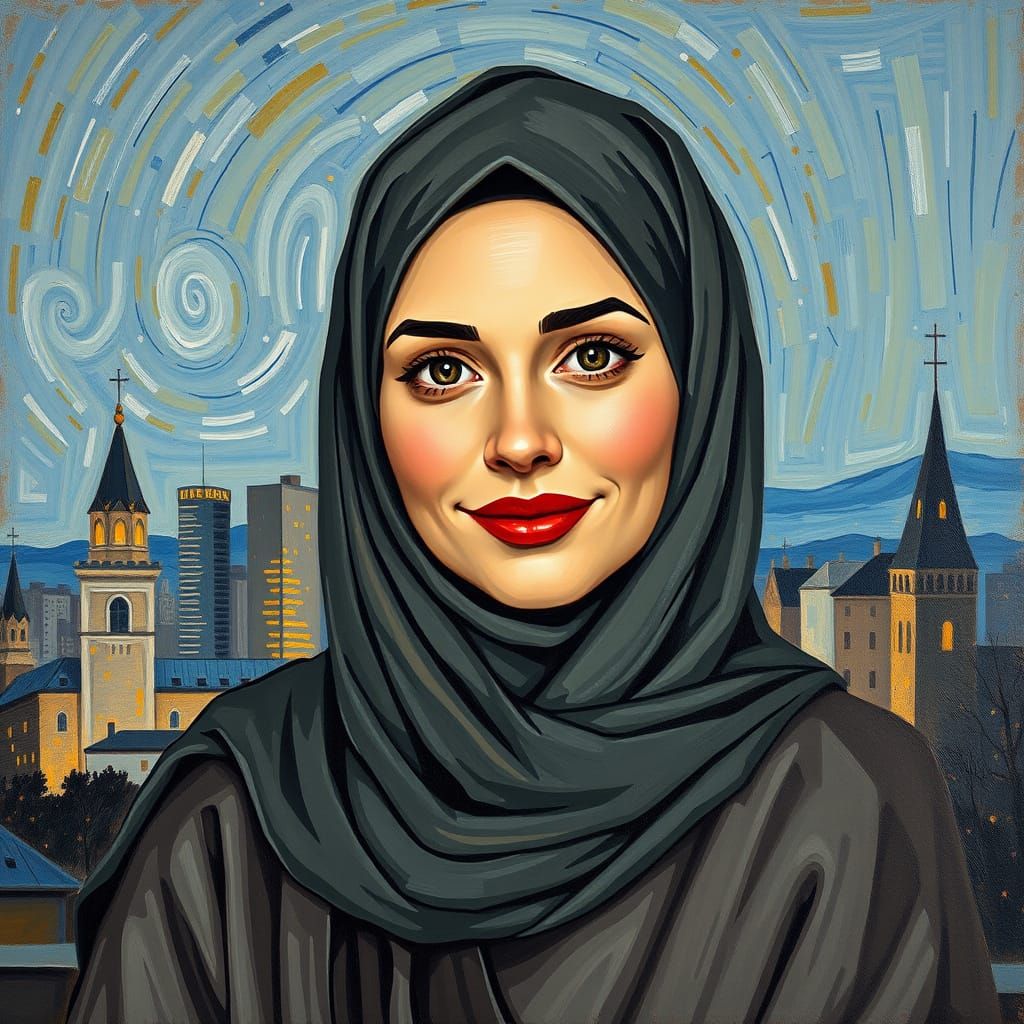 Elegant Hijabi Woman Portrait in City Evening Light