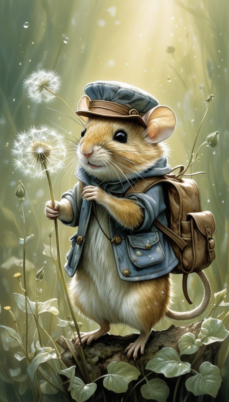 A curious dormouse embarks on a magical morning adventure, climbing up a tall dandelion stem dotted with sparkling dewdr...