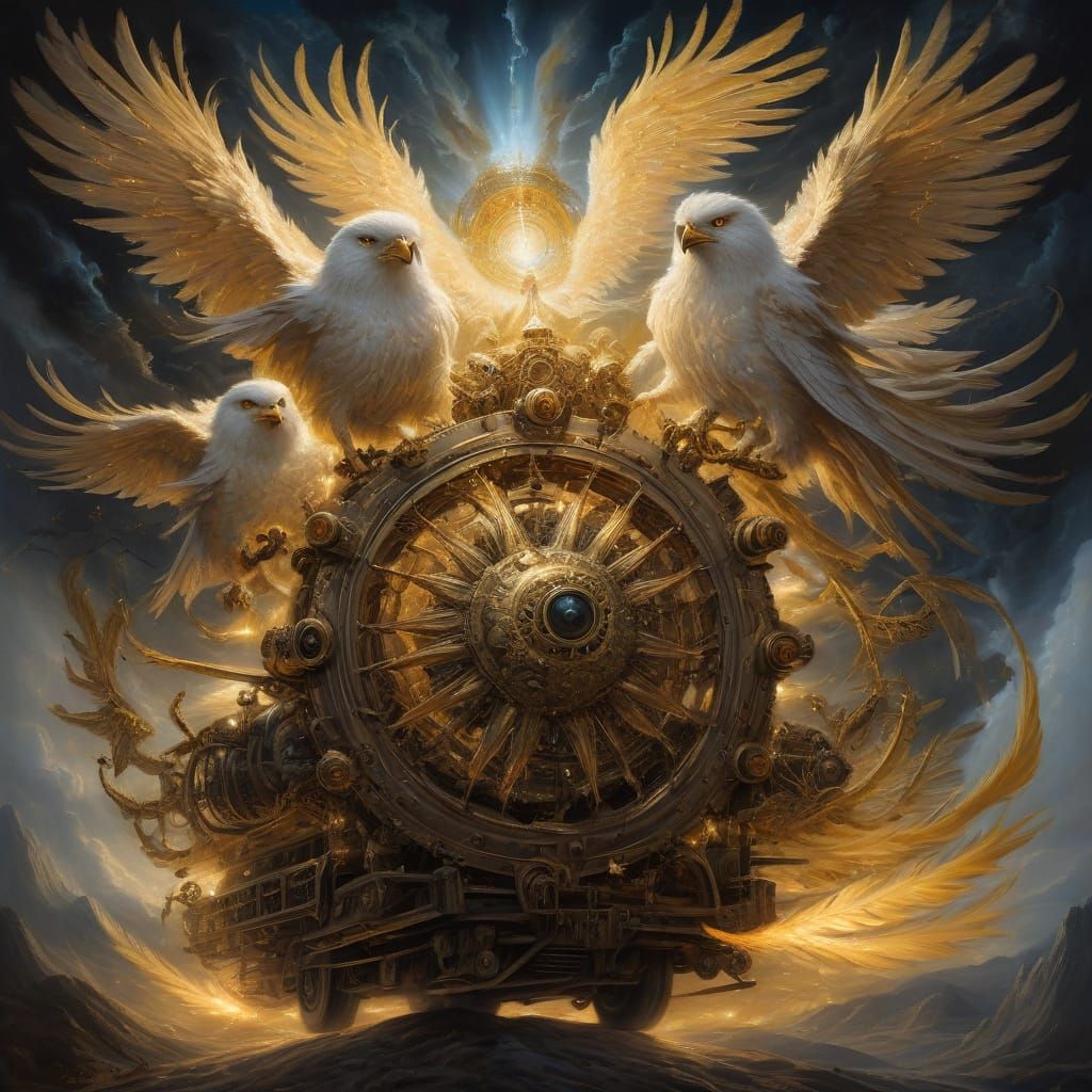 Epic Oil Painting of Supernatural Wheels of Light with Golde...