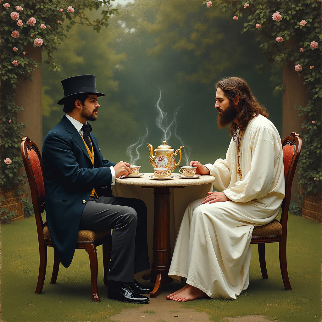 Nietzsche and Jesus Share Tea in Mystical Garden