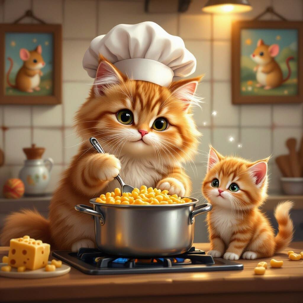 Cute Cat Chef Prepares Macaroni and Cheese with Kitten