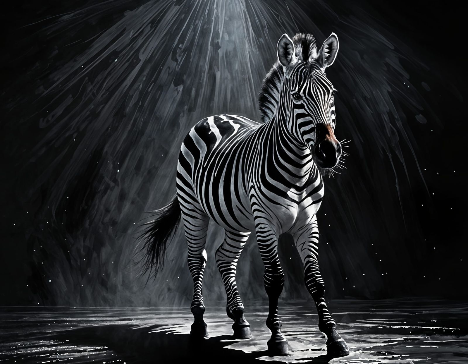 Black Zebra Painting with Silver Highlights in Grunge Style
