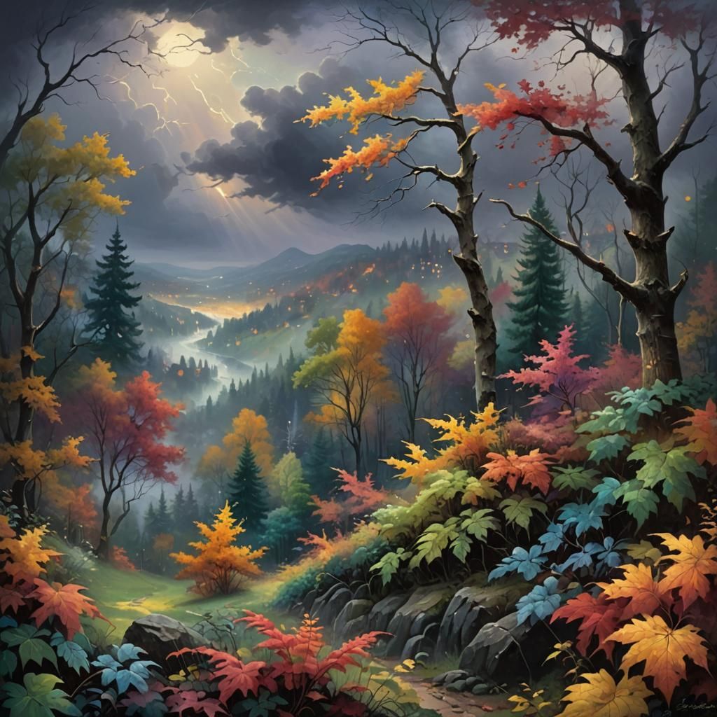 Ethereal Storm in Valley with Colorful Leaves