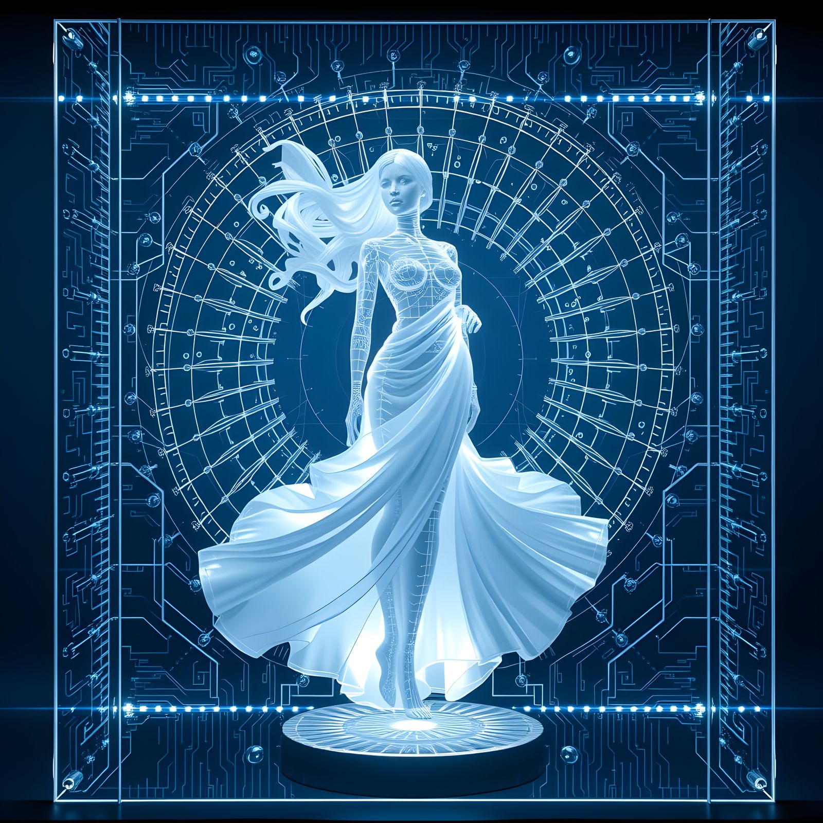 Ethereal Glass Form in Neon-Lit Surrealist Environment