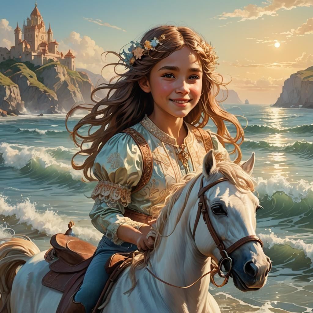 Girl Riding Pony by the Sea, Detailed Portrait