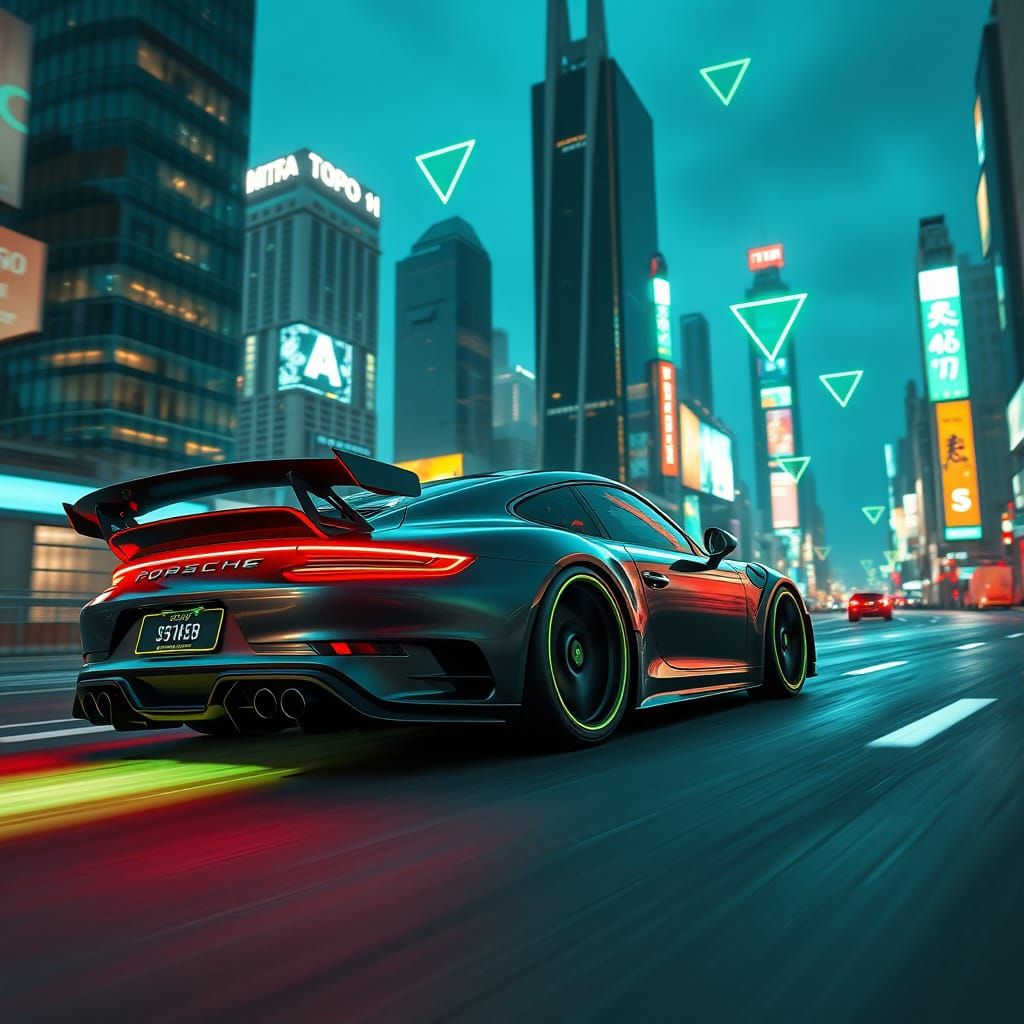 Futuristic Porsche 911 Speeds Through Dystopian Metropolis