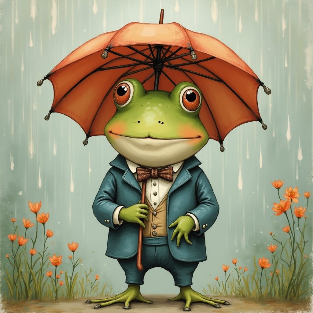 Frog in Suit with Umbrella, Watercolor Illustration