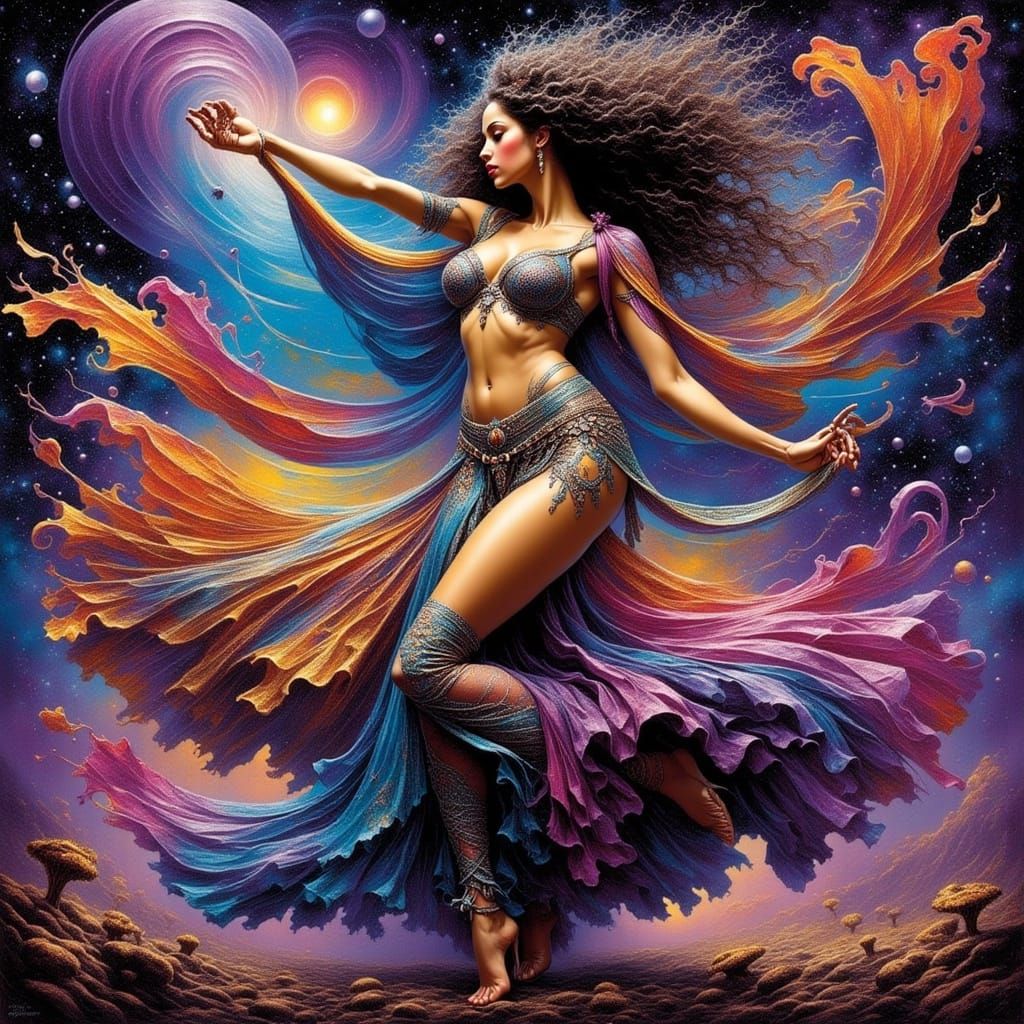 Belly Dancer in Comic Book Style Amidst Surreal Landscape