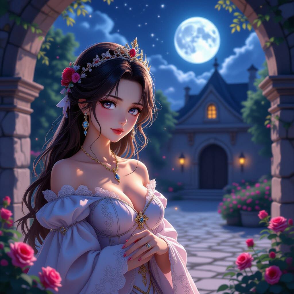 Stunning Princess in Rose Castle Courtyard Under Full Moon