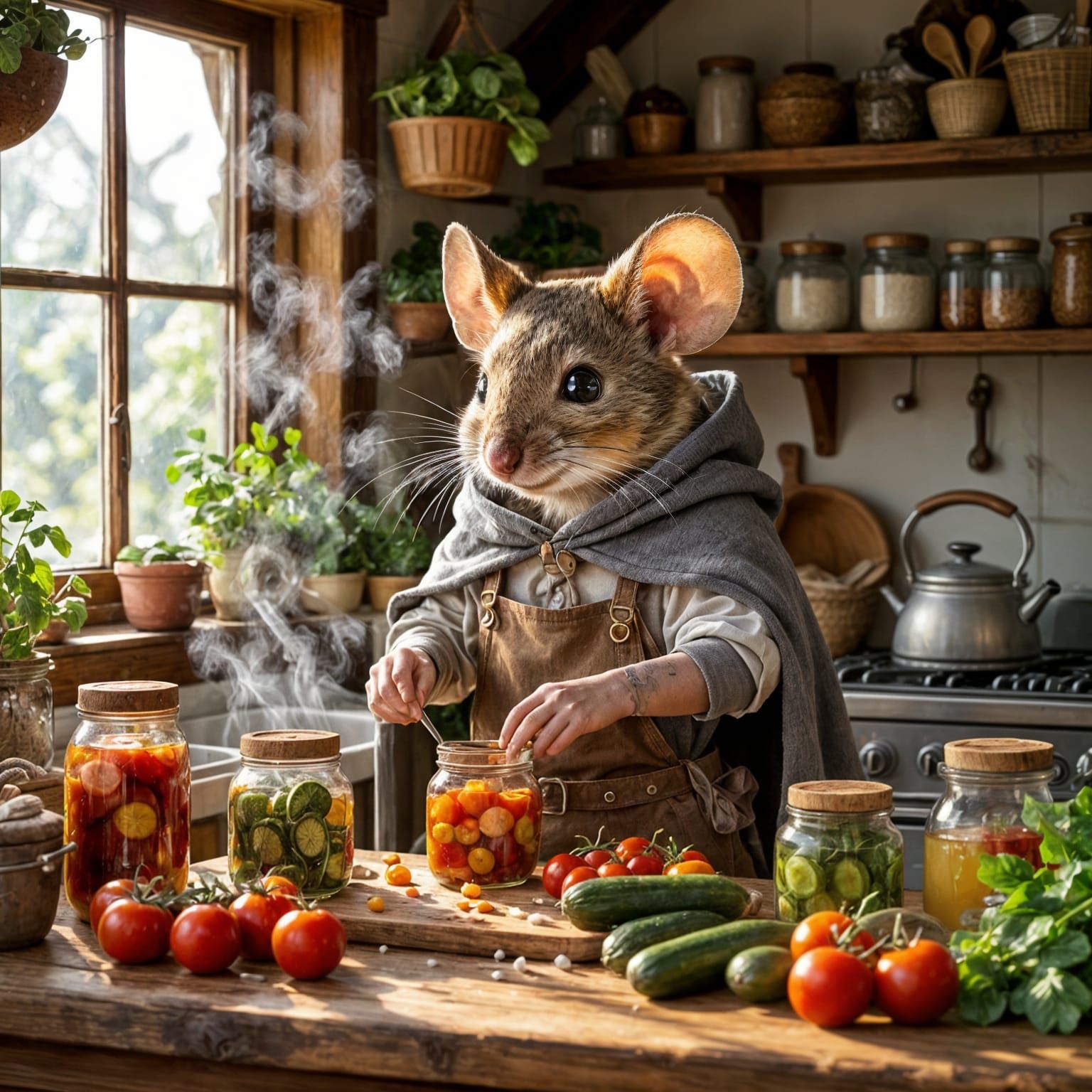 Anthropomorphic Mouse Finn Prepares Winter Preserves in Rust...