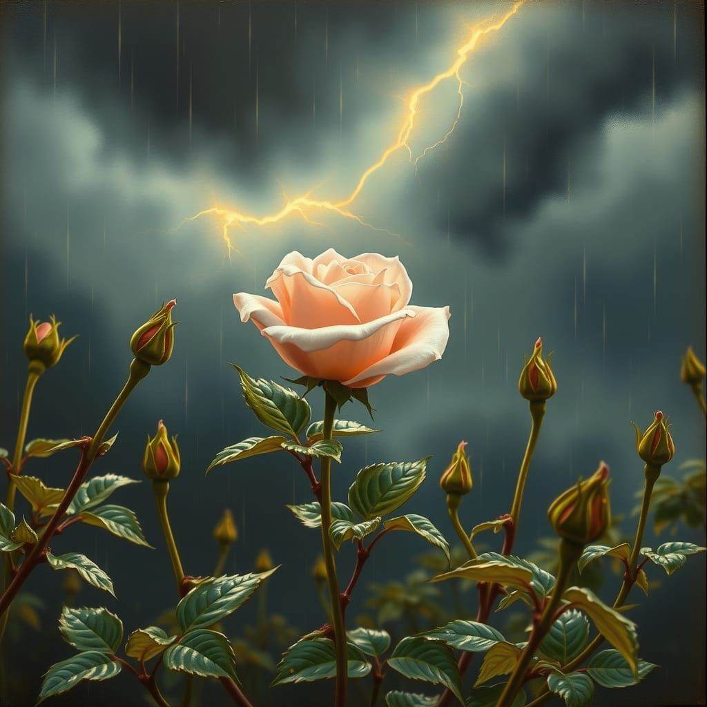 Pink Rose Bloom in Stormy Golden Light
